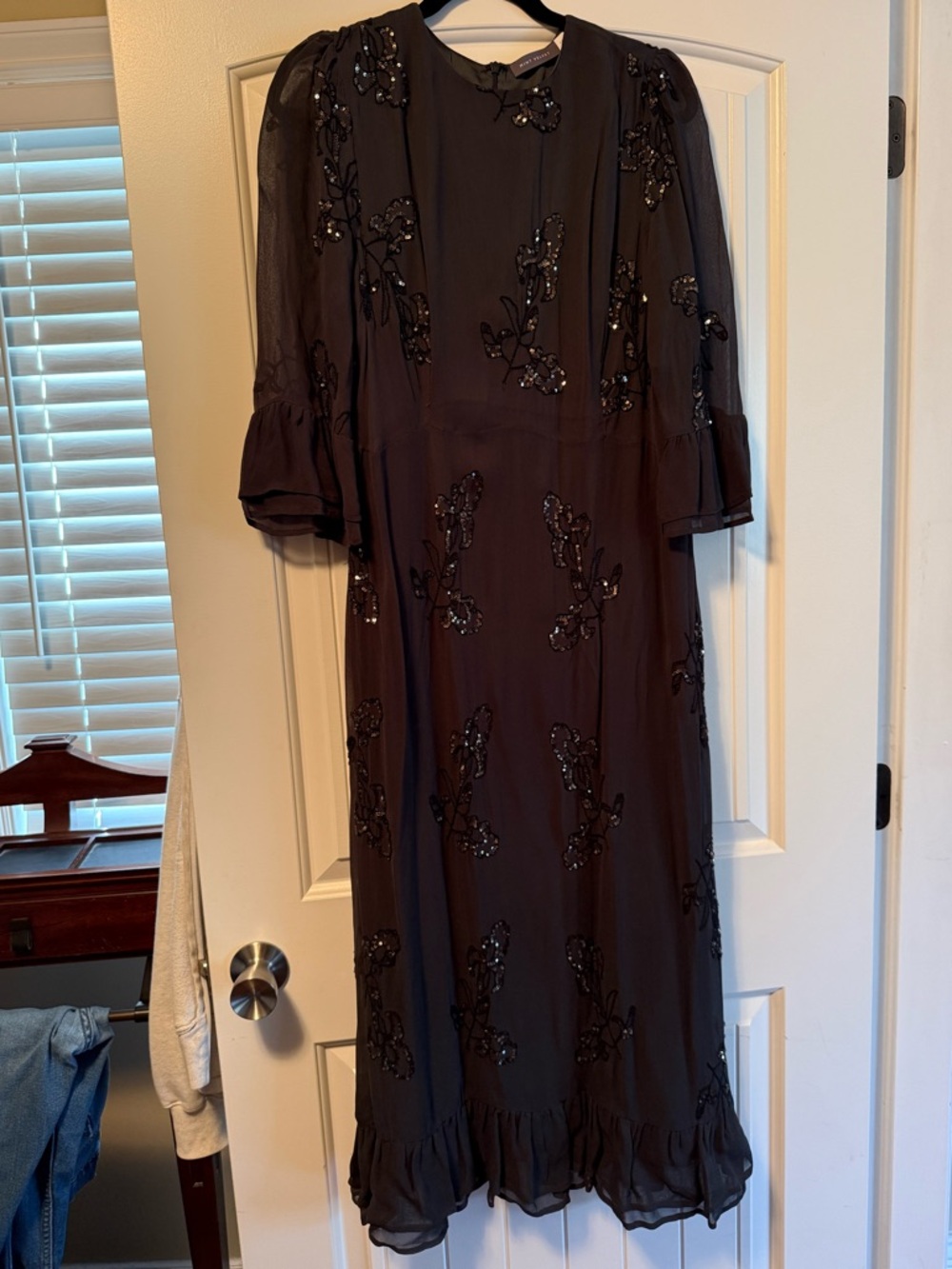 Black Beaded Midi Dress with Ruffle Hem - Women's Sophisticated Evening Dress